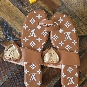 Monogram Print Brown Slide Sandals with Gold Heart Accents